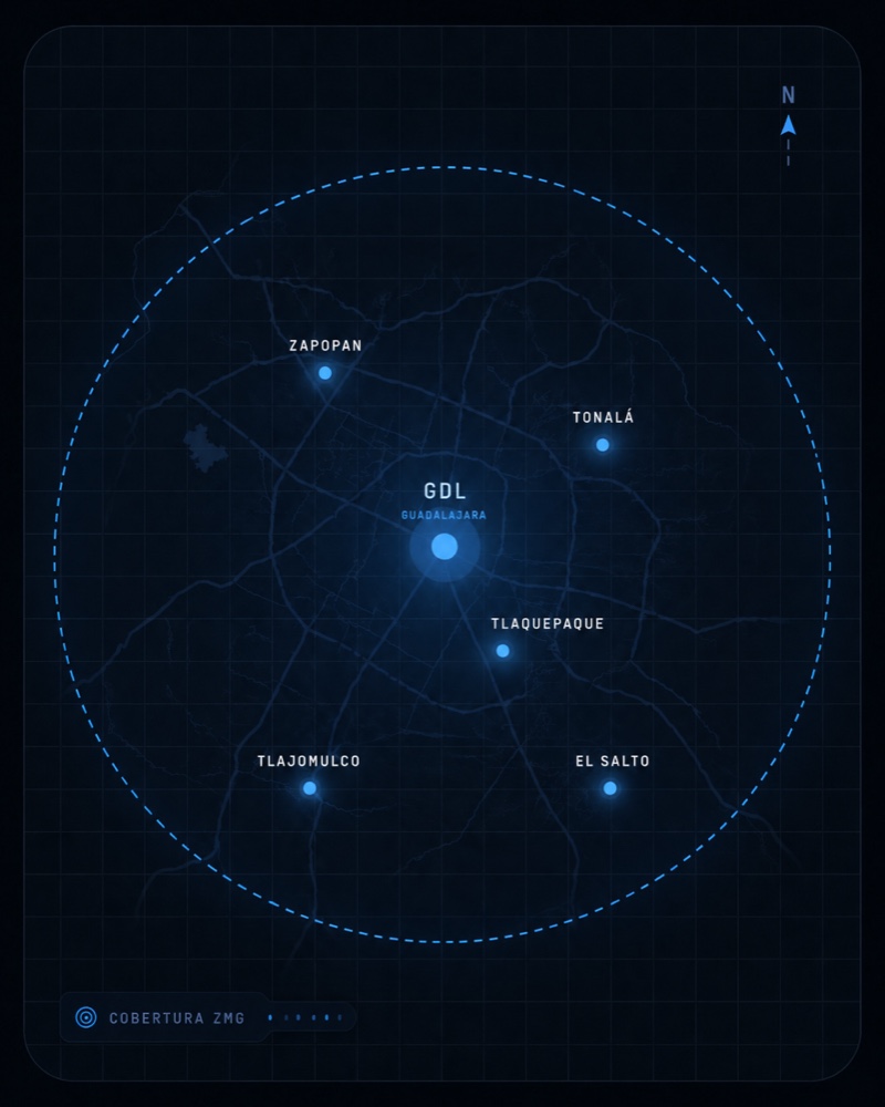 Mapa de cobertura ZMG — Guadalajara, Zapopan, Tlaquepaque, Tonalá, Tlajomulco, El Salto