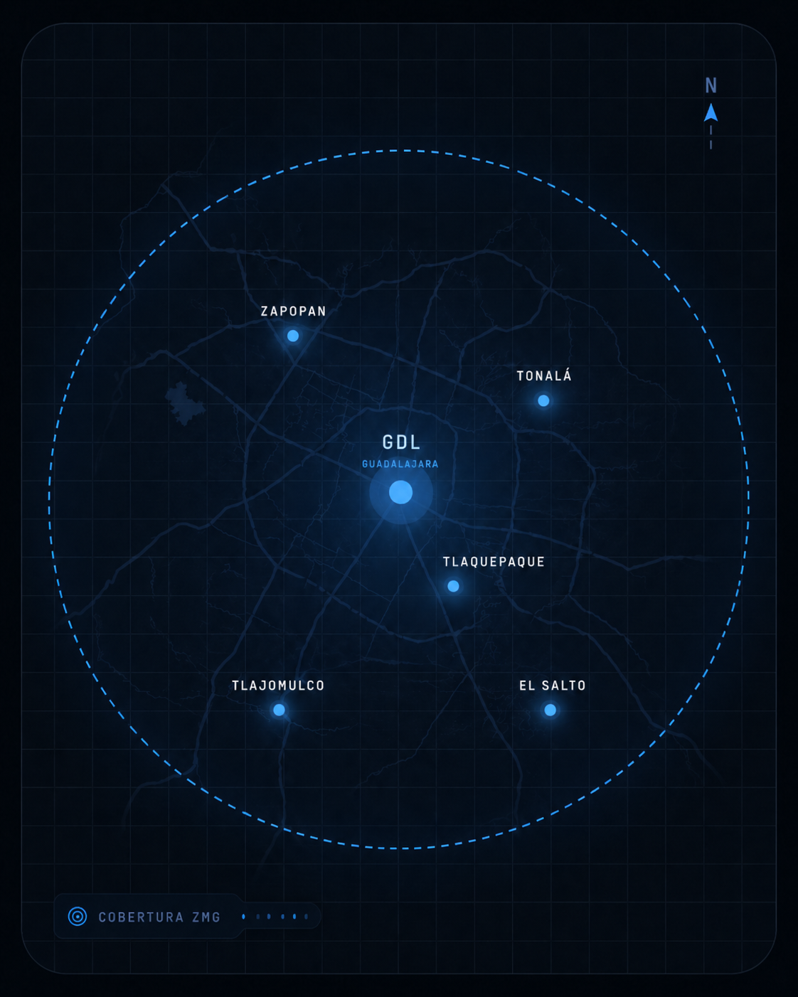 Mapa de cobertura ZMG — Guadalajara, Zapopan, Tlaquepaque, Tonalá, Tlajomulco, El Salto